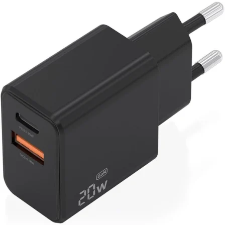Aisens Cargador GaN 20W con USB-C PD 3.0 y USB-A QC 3.0 Negro